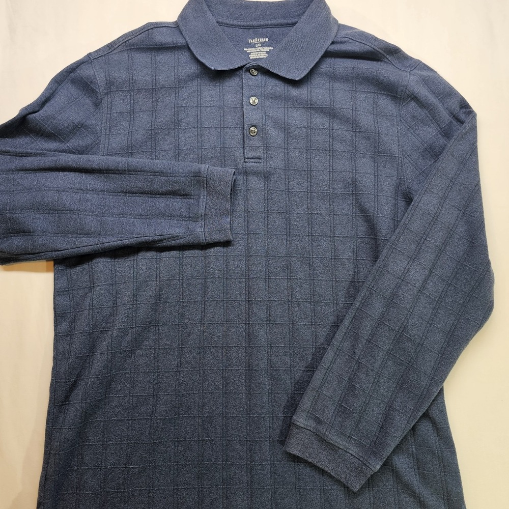 Van Heusen Men's Large Blue Long Sleeve Polo Shirt Cotton Blend Casual